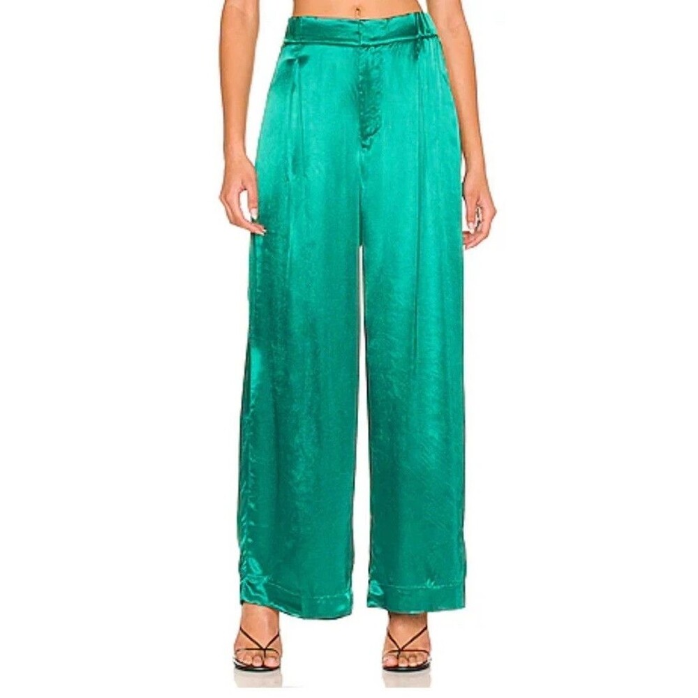 Free People Satin Wide Leg Pants Women Small Emerald Green Pull On Palazzo
